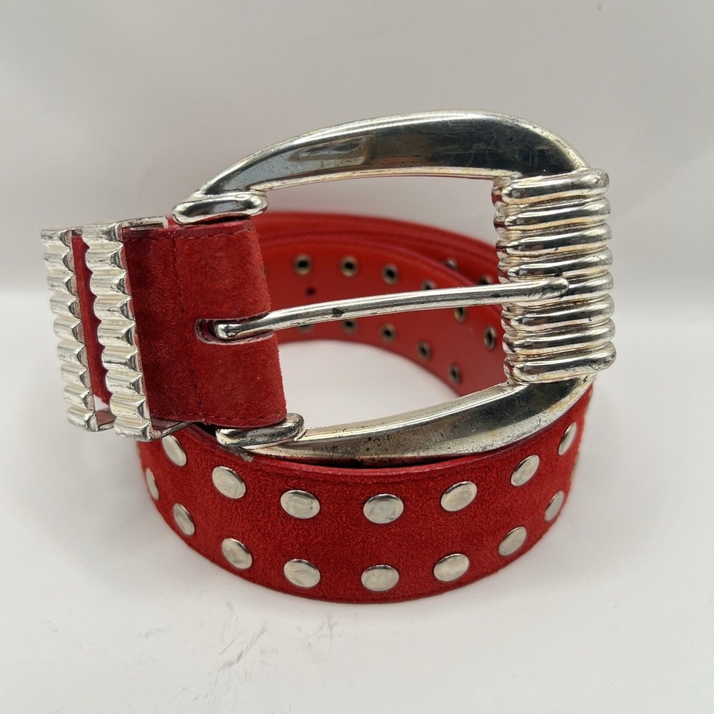VTG Suede Double Row Grommet Belt M/L Red Punk Alternative Grunge Taiwan ROC